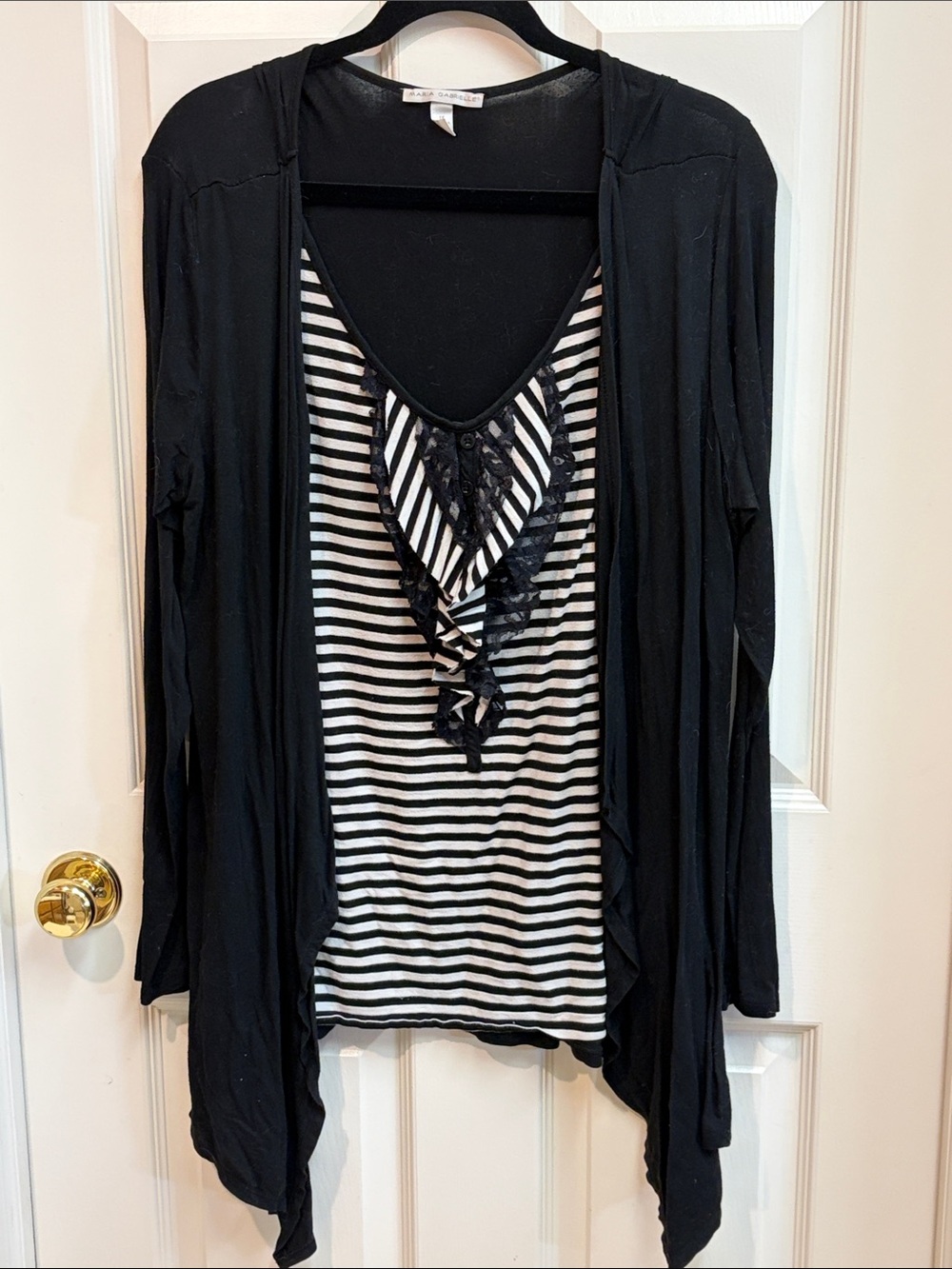 Black Draped Cardigan with attached Black & White Striped Ruffle & Lace Tank